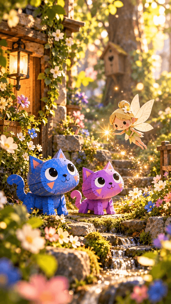 Zippy and Mimi discovering their tiny fairy friend Fenn in a magical flower garden filled with golden sunlight.
