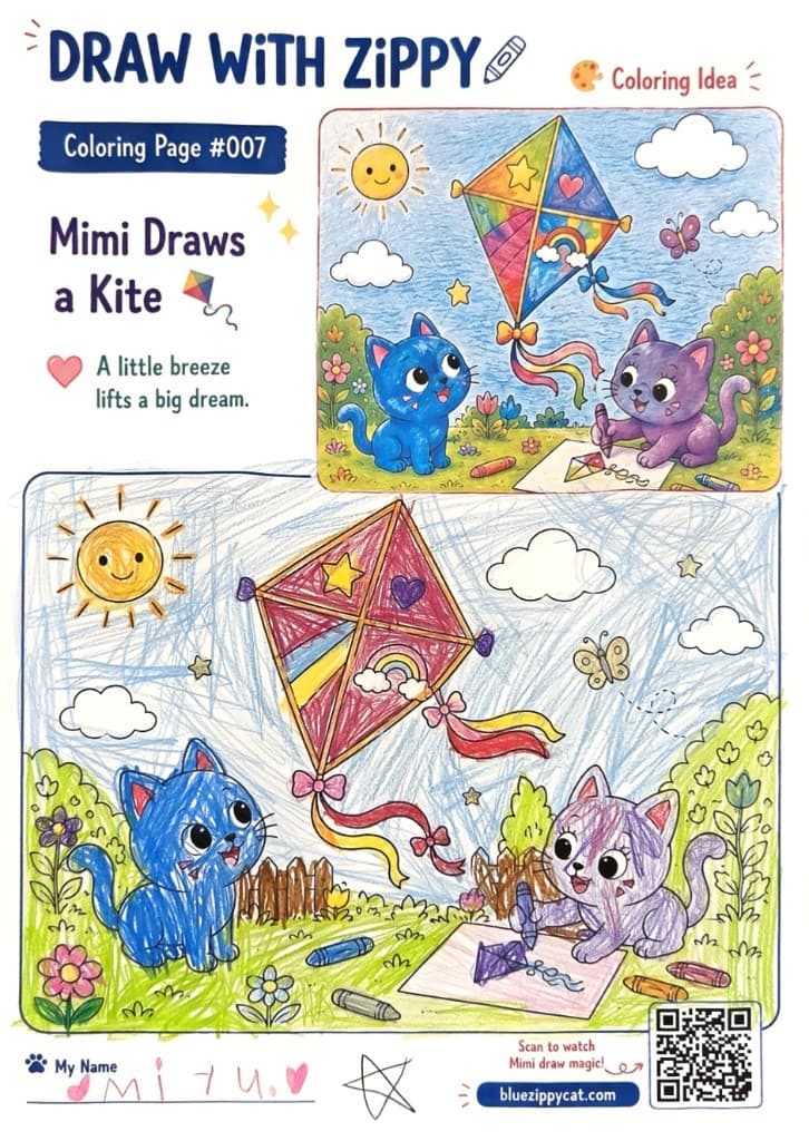 Community coloring artwork for Draw with Zippy #007 Mimi Draws a Kite by @miouyu2024