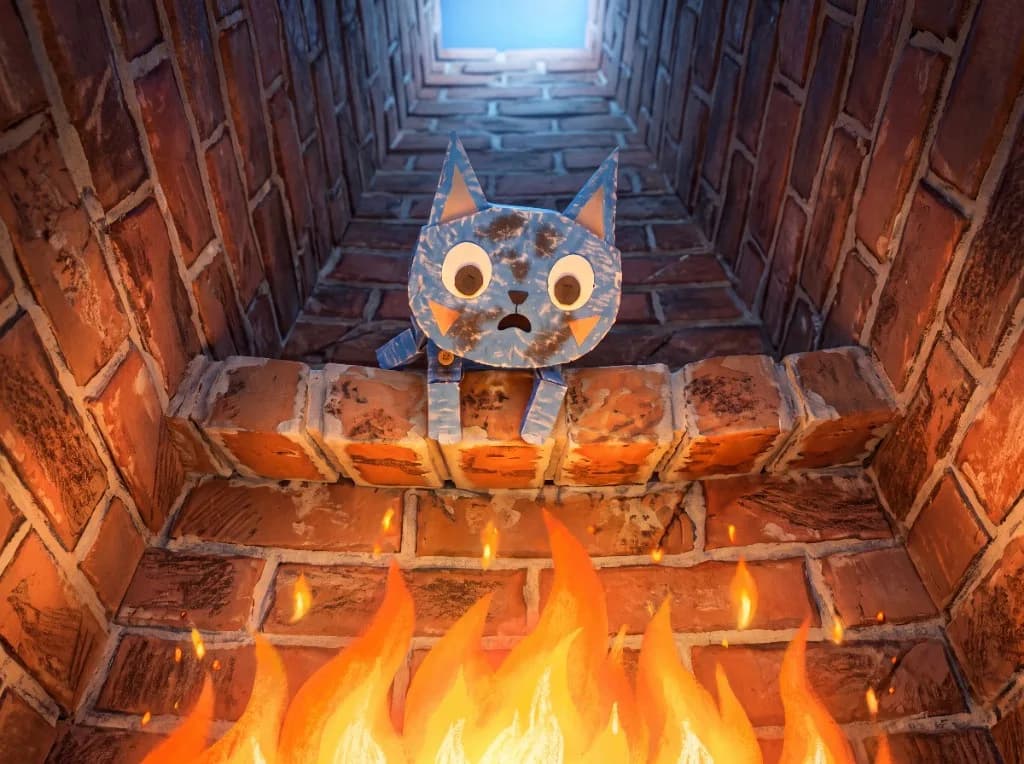 Weekly Puzzle #003 Chimney Escape featuring Zippy inside a brick chimney above glowing flames