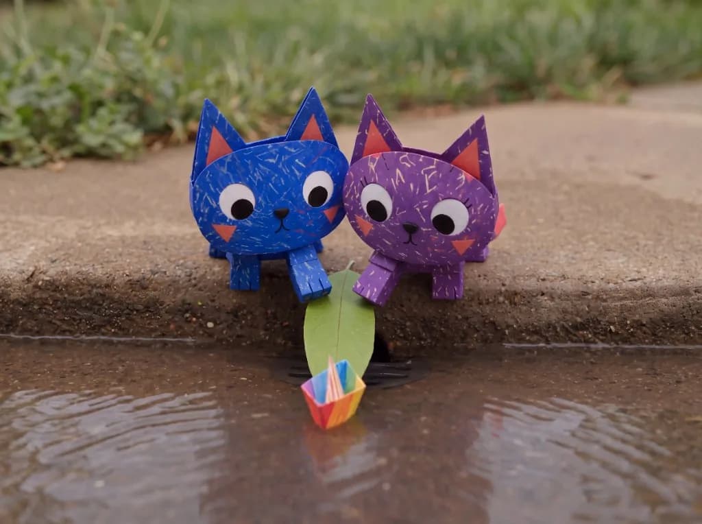Weekly Puzzle #004 The Tiny Boat featuring Zippy and Mimi watching a tiny colorful paper boat in a puddle