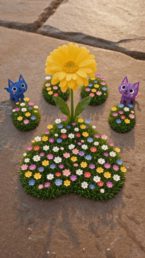 Pawprint Garden wallpaper featuring Zippy and Mimi beside a flower garden shaped like a cat paw print