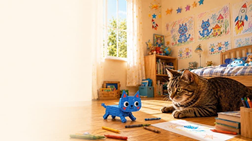 Blue Zippy Cat key visual with Zippy, a tiny blue graph-paper cat, facing a gentle giant tabby cat in a sunlit bedroom
