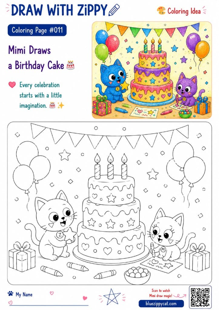 Mimi Draws a Birthday Cake 🎂 coloring page preview