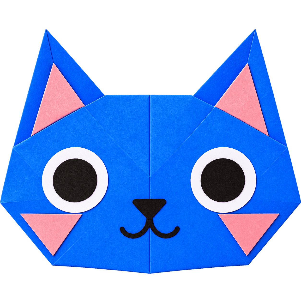 Blue origami Zippy cat face with large round eyes, pink cheeks and pink inner ears