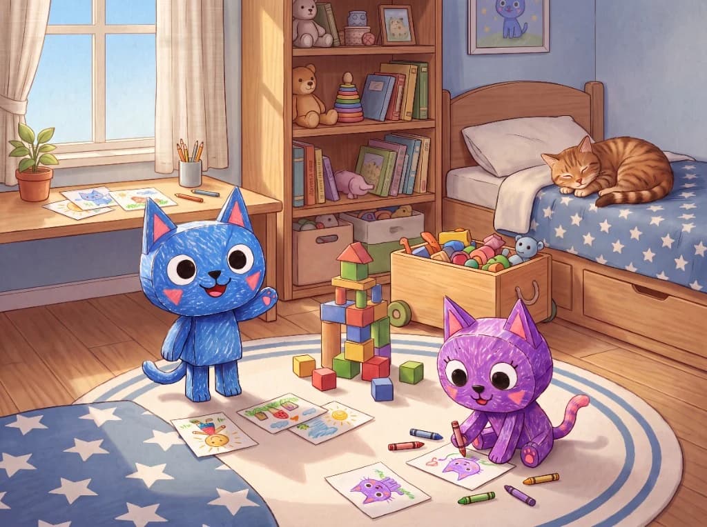 A cozy child’s bedroom with Zippy the blue paper cat, a purple cat coloring, and a sleeping ginger tabby.