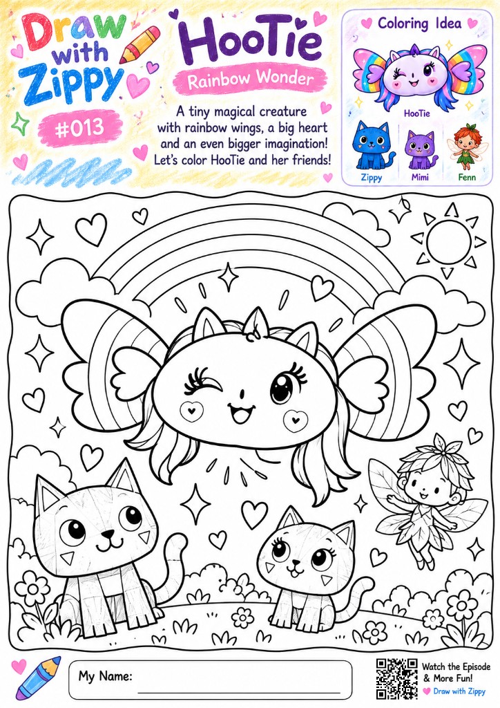 Draw with Zippy #013 – Mimi Draws HooTie free printable coloring page.